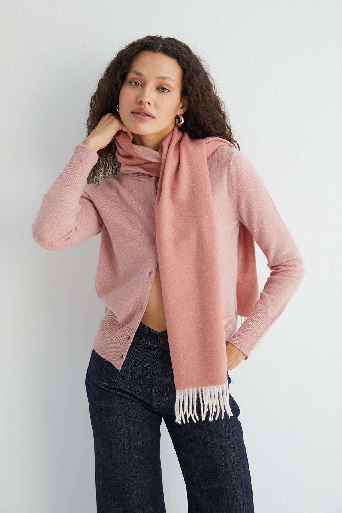 Pastel Pembe Lilly Saf Kaşmir Bisiklet Yaka Hırka